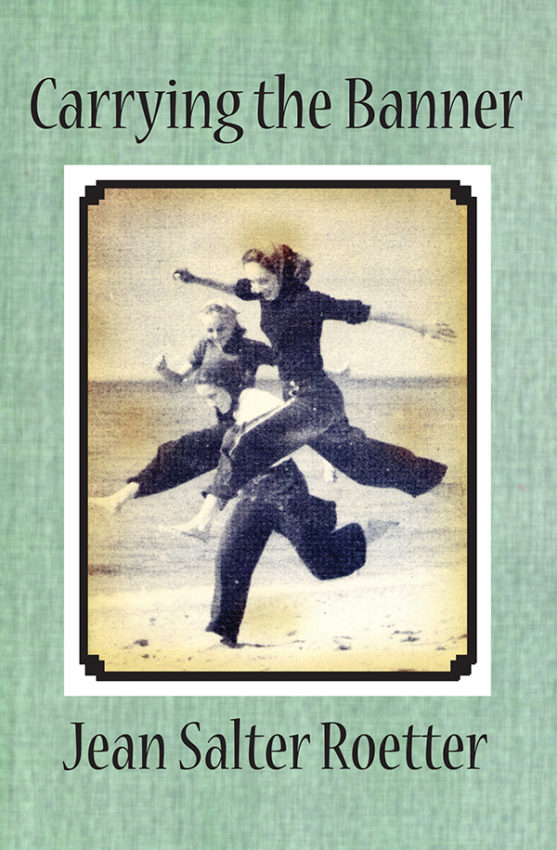 People joyfully leaping on the beach.
